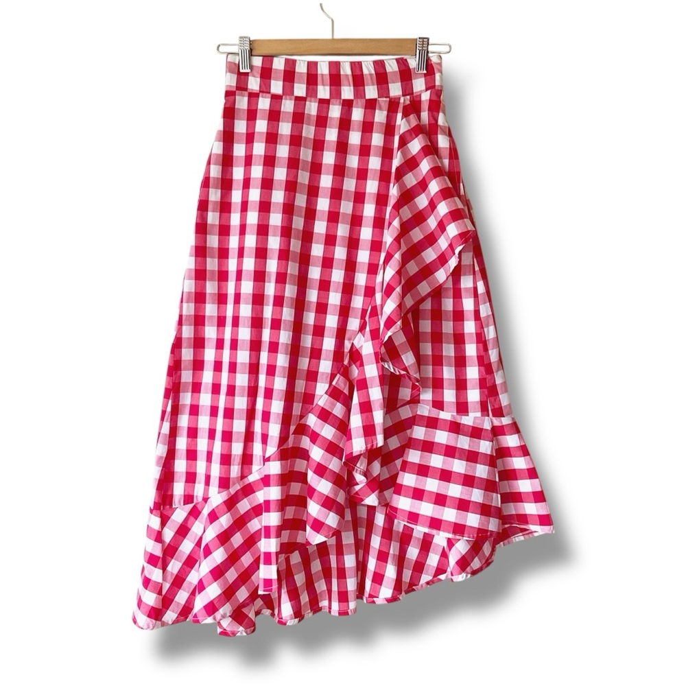 Wayward Fancies Red Gingham Faux Wrap Midi Skirt Size XS-2